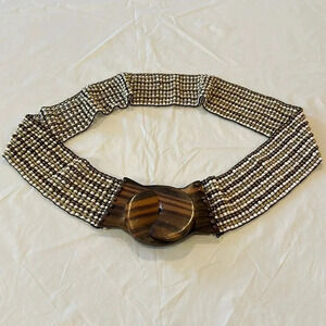 Handmade beaded belt with wooden clasp multicolor beads in brown, tan and cream
